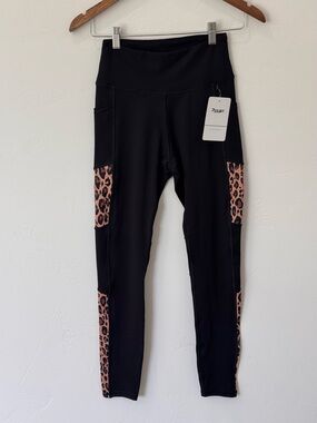 Persit Yoga Pants Black with Leopard Print Side Panel Pockets Size XS, NWT